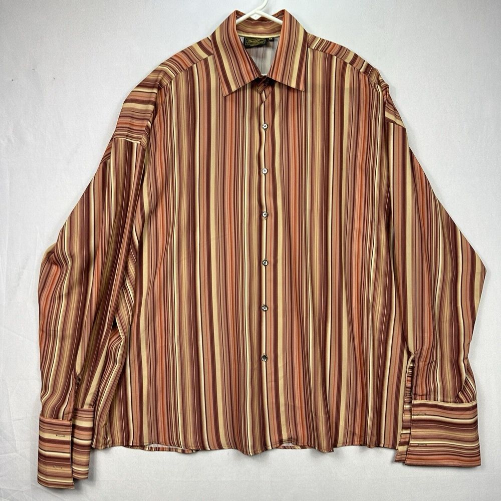 Vintage Monzini Collection Shirt Mens 3X Orange Multicolor‎ Striped French Cuffs